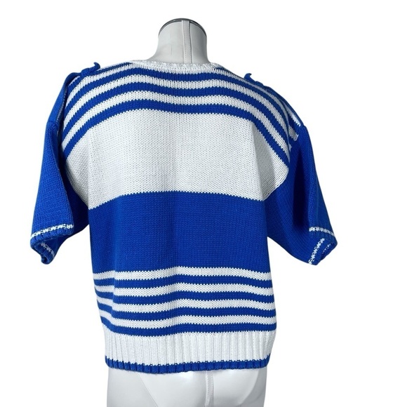 VINTAGE CHAUS Blue White Short Sleeve Sweater Knit Top Women's Size L - Picture 4 of 16